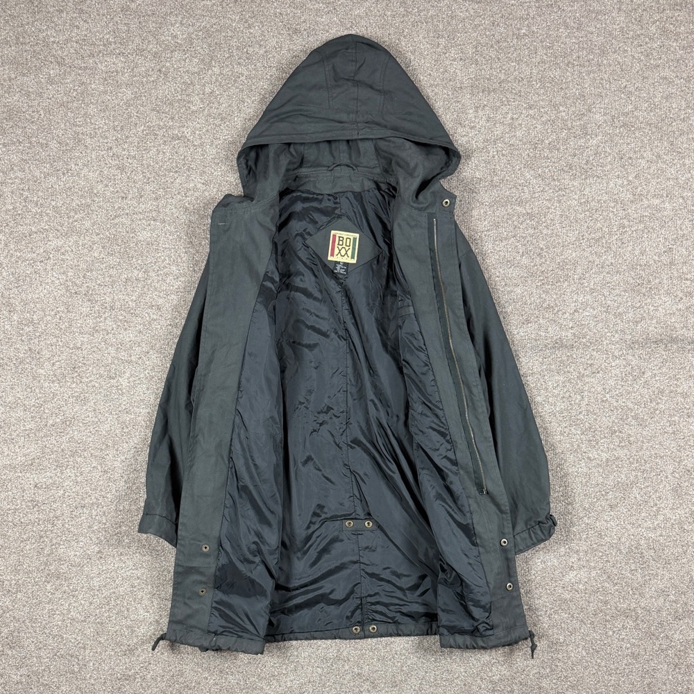 Vintage Black Hooded Parka Jacket Men’s L 90s Y2K Streetwear Drawstring Waist - Picture 3 of 7